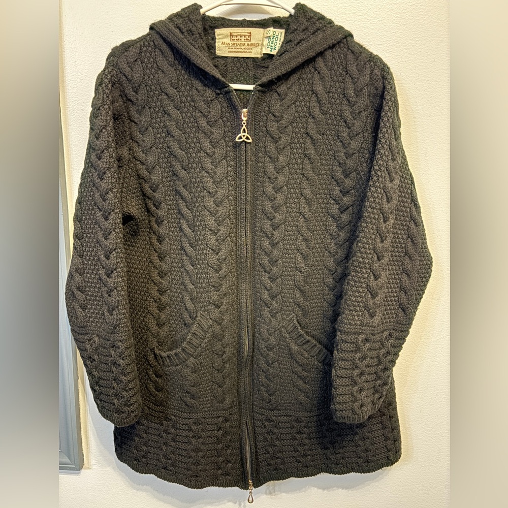 Aran Sweater Market Black Hooded Coatigan Size S Small